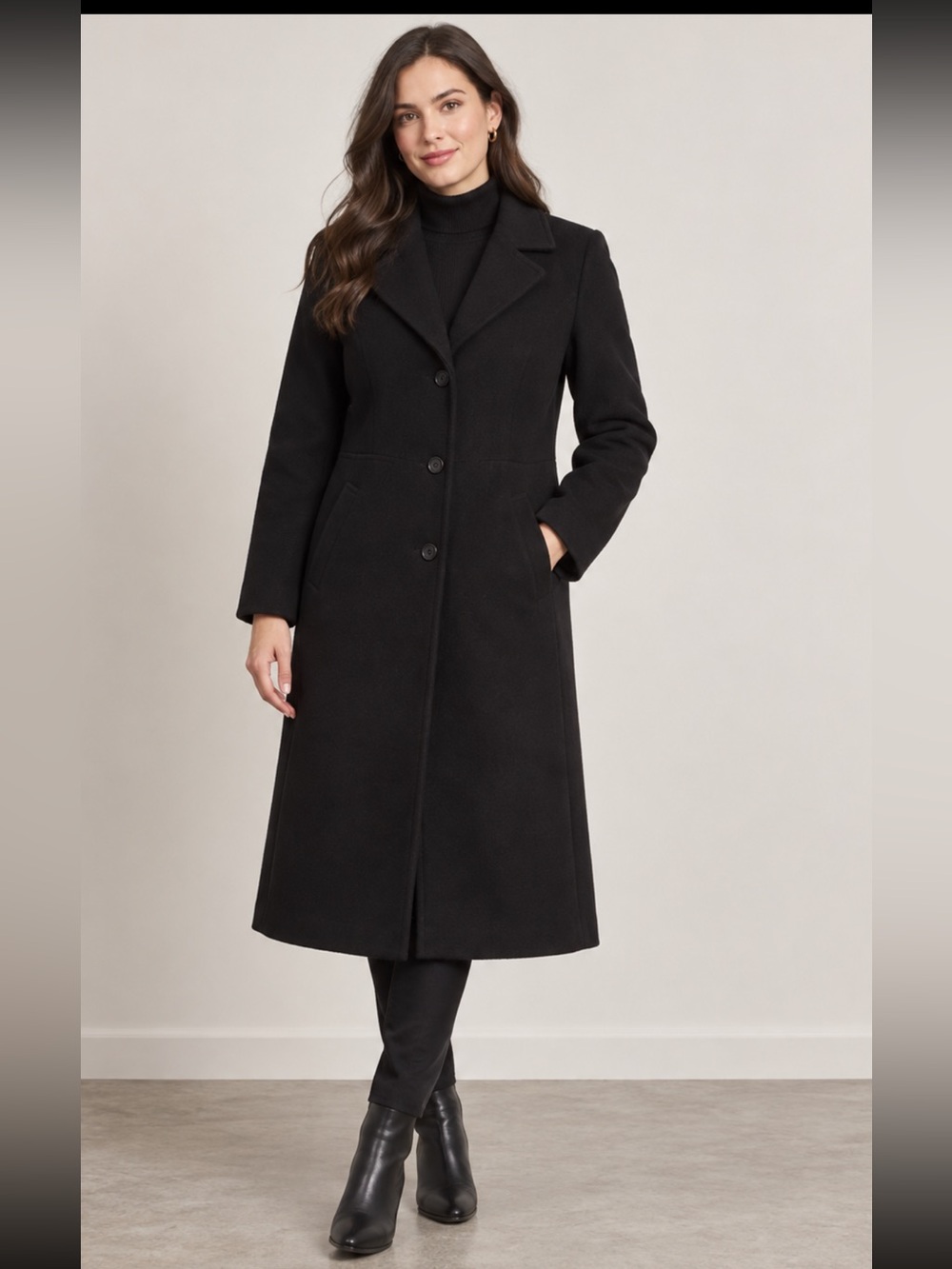KappAhl Black Wool Blend Long Coat Size 38/40 Classic Button Front
